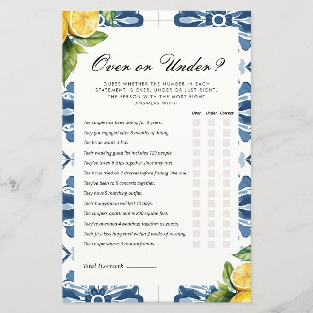 Over or Under Lemon Positano Bridal Shower Game (Front)