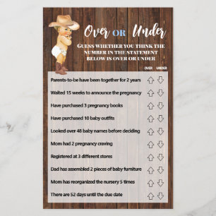 Over or Under Little Cowboy Baby Shower Game Card