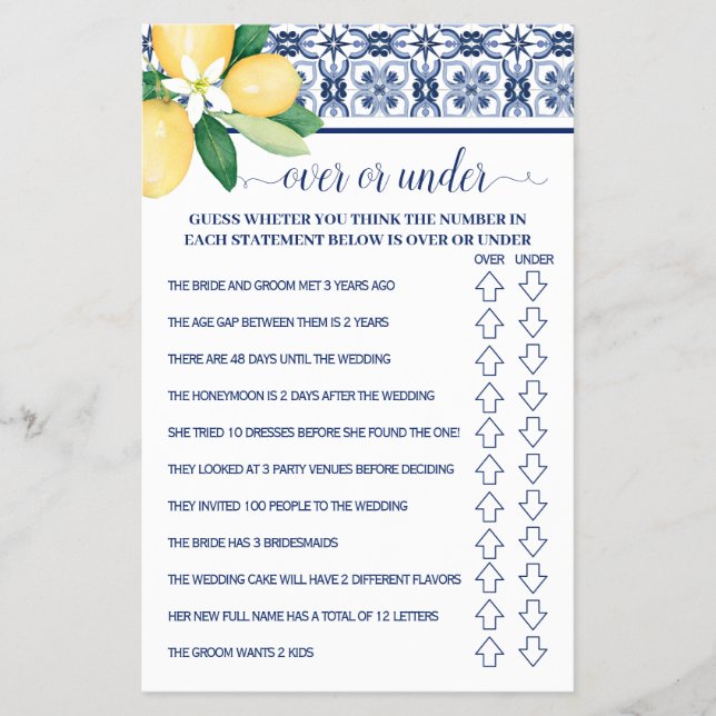 Over or Under Mediterranean Lemon Shower Game Card (Front)