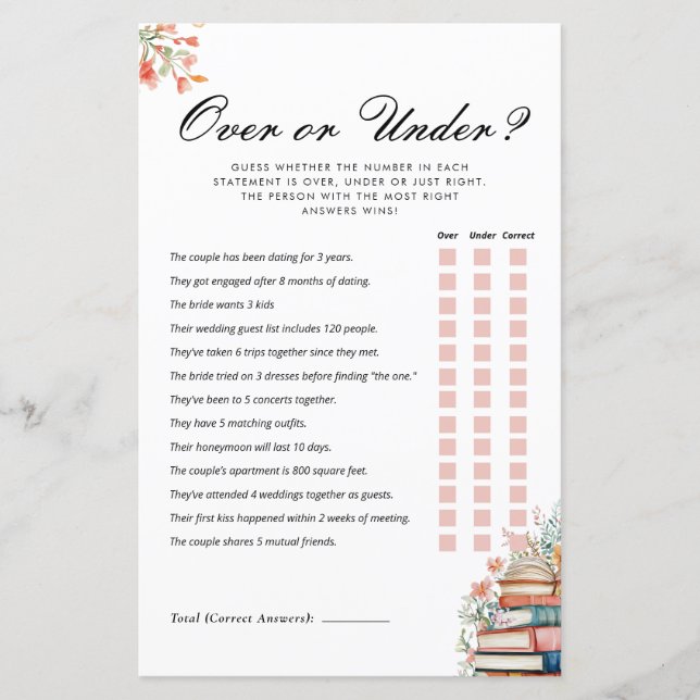 Over or Under New Chapter Bridal Shower Game (Front)