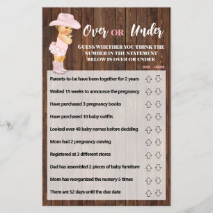 Over or Under Pink Cowgirl Baby Shower Game Card