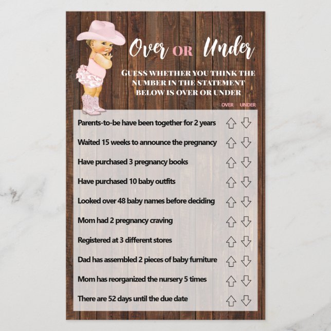 Over or Under Pink Cowgirl Baby Shower Game Card (Front)