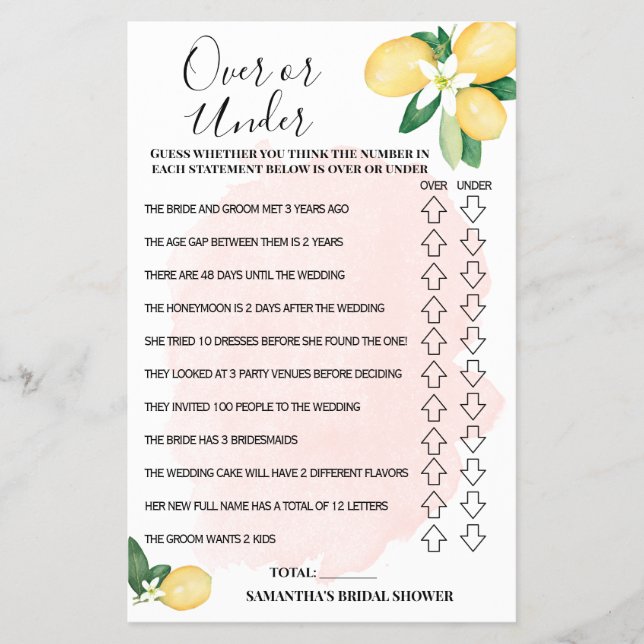 Over or Under Pink Lemons Bridal Shower Game Card (Front)