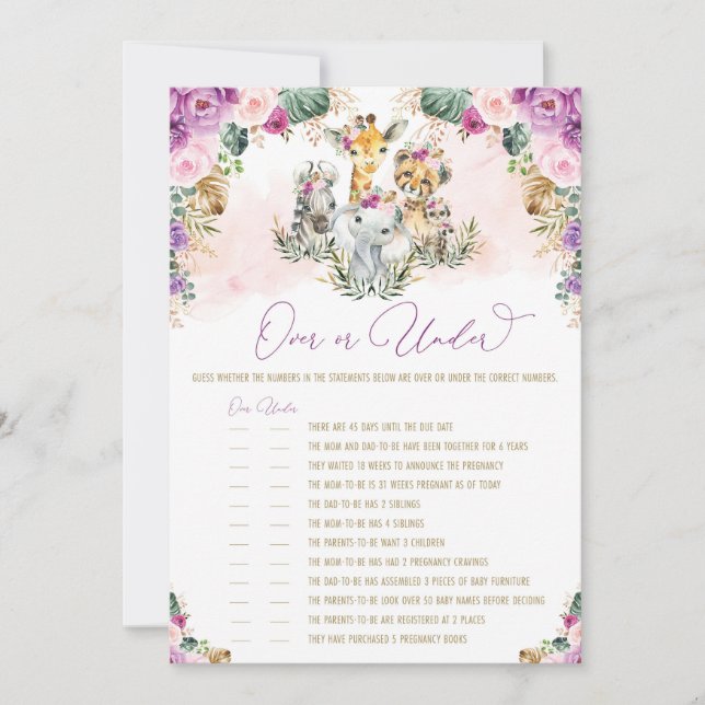 Over or Under Safari Animals Baby Shower Game Card (Front)
