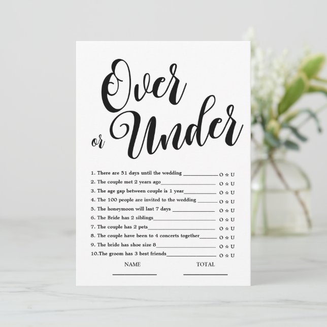 Over or Under Simple Bridal Shower Game Invitation (Standing Front)