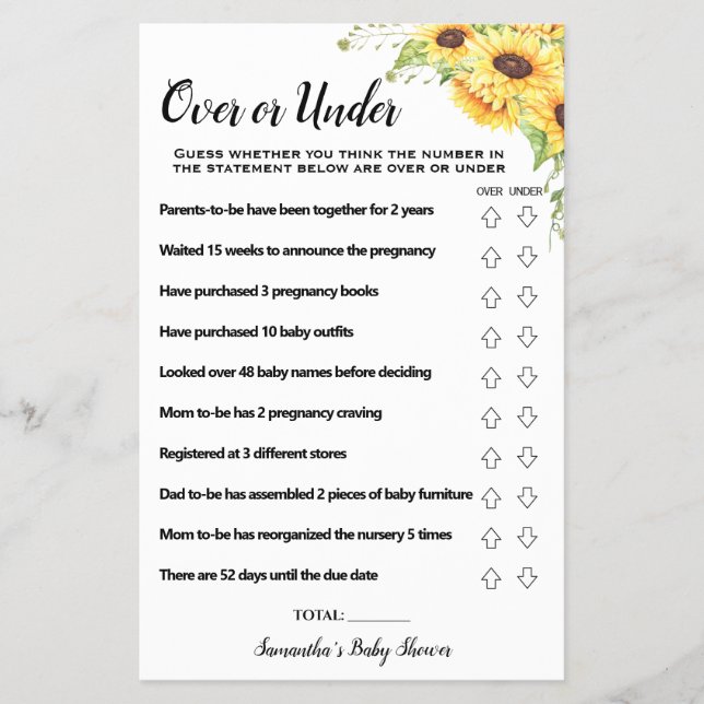 Over or Under Sunflowers Baby Shower Game Card (Front)