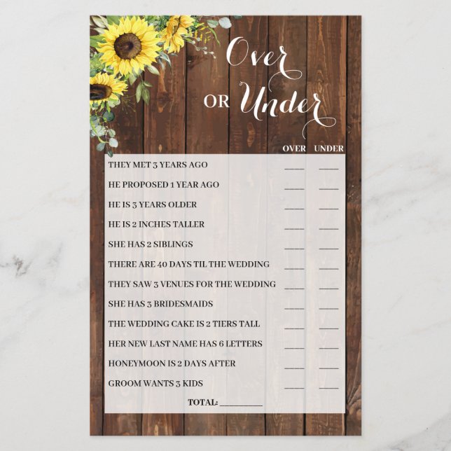 Over or Under Sunflowers Bridal Shower Game Card (Front)