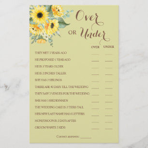Over or Under Sunflowers Couples Shower Game Card 