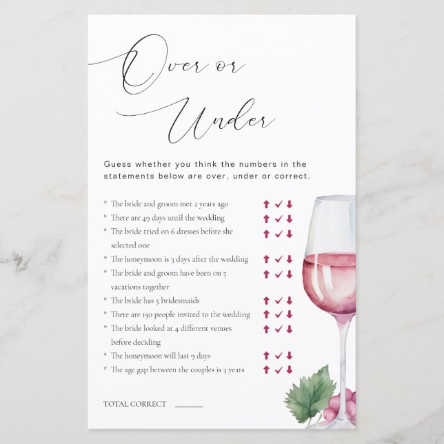 Over or Under Vino before Vows Bridal Shower Game (Front)