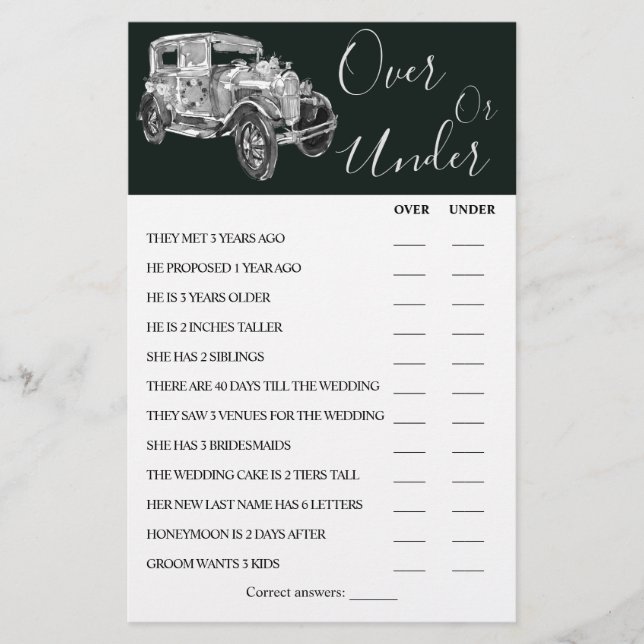 Over or Under Wedding Car Couples Shower Game Card (Front)