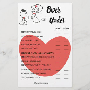 Over or Under Wedding Couple Shower Game Card