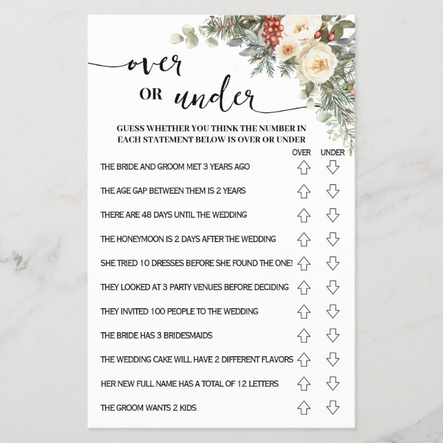 Over or Under Winter Bridal Shower Game Card (Front)