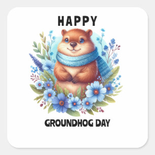 Over Rated? Watercolor Celebrating Groundhog Day Square Sticker
