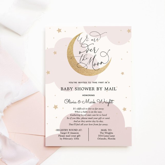 Over the Gold Moon Pink Baby Shower By Mail Invitation (Creator Uploaded)