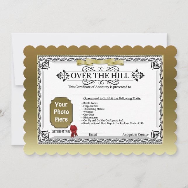 Over The Hill add a photo Birthday certificate Card (Front)