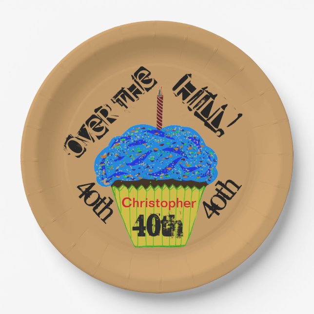 Over the Hill Personalised Blue Cupcake Plates (Front)
