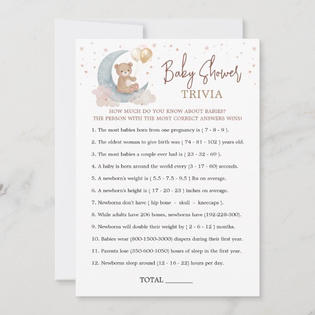Over the Moon Baby Shower Baby Trivia Game Card (Front)