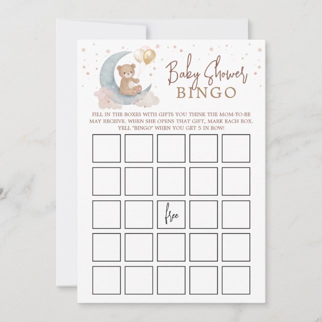 Over the Moon Baby Shower Bingo Game Card (Front)
