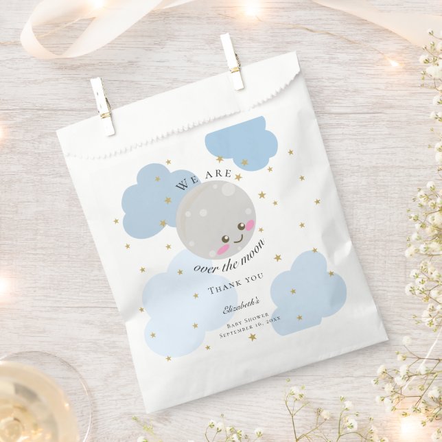 Over the Moon Baby Shower Blue Cute Gold Kawaii Favour Bag (Clipped)
