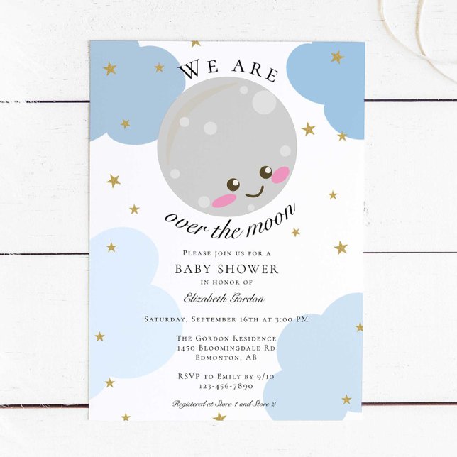 Over the Moon Baby Shower Blue Cute Gold Kawaii In Invitation (Creator Uploaded)
