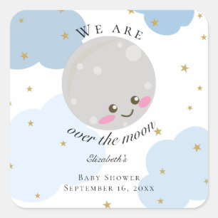 Over the Moon Baby Shower Blue Cute Gold Kawaii  Square Sticker