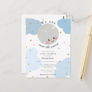 Over the Moon Baby Shower Blue Cute Kawaii Postcard