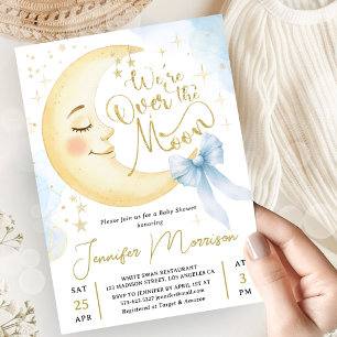 Over the Moon Baby Shower Boy Blue Bow Moon Invitation