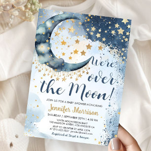 Over The Moon Baby Shower Boy Blue Twinkle Stars Invitation