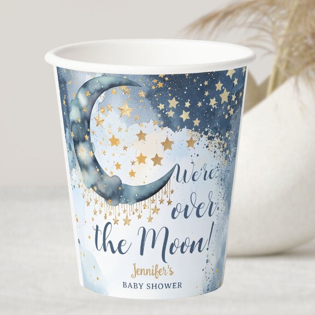 Over The Moon Baby Shower Boy Blue Twinkle Stars Paper Cups (Creator Uploaded)