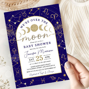 Over the Moon Baby Shower Boy Navy Blue & Gold Invitation