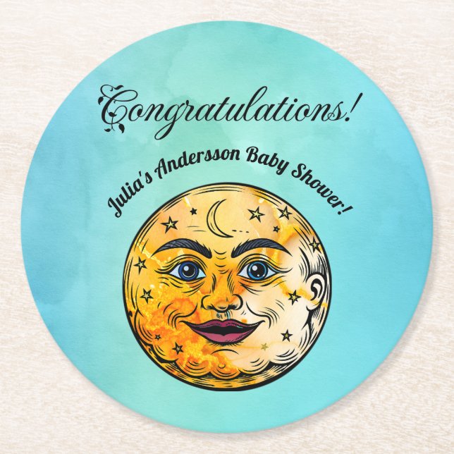 Over the Moon Baby Shower Celebration Round Paper Coaster (Front)