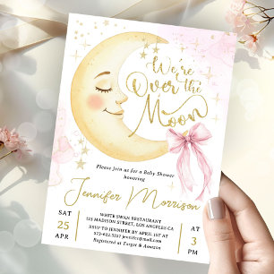 Over the Moon Baby Shower Girl Pink Bow Cute Moon Invitation