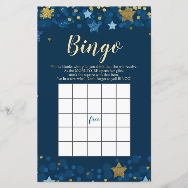 Over the moon Baby Shower Gold Glitter Bingo Games (Front)