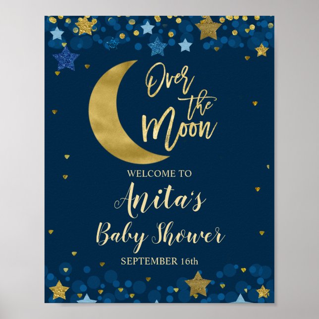Over The Moon Baby Shower Gold Glitter Welcome Poster (Front)