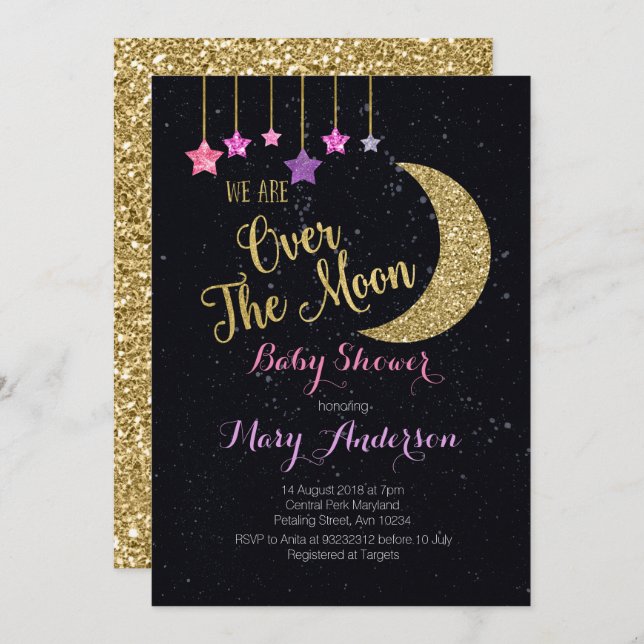 Over the Moon Baby Shower Invitation for girl (Front/Back)