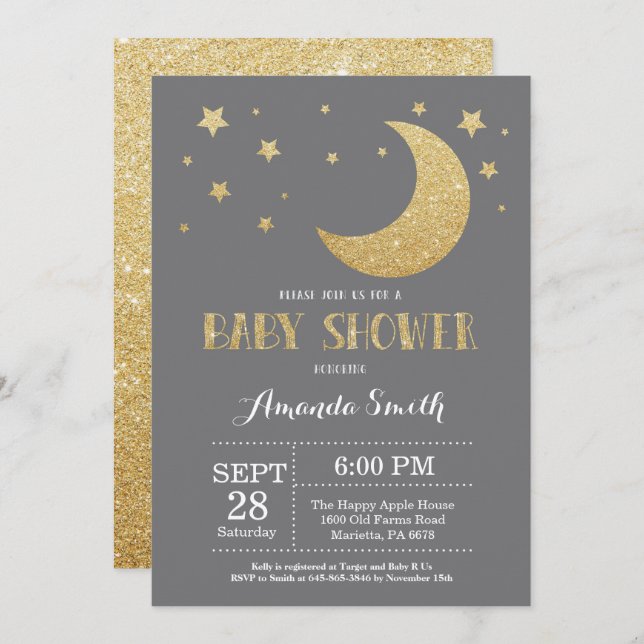 Over the Moon Baby Shower Invitation Gold Glitter (Front/Back)