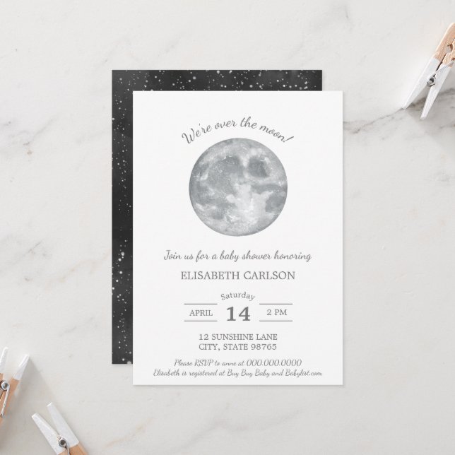 Over the Moon Baby Shower Invitation Neutral (Front/Back In Situ)