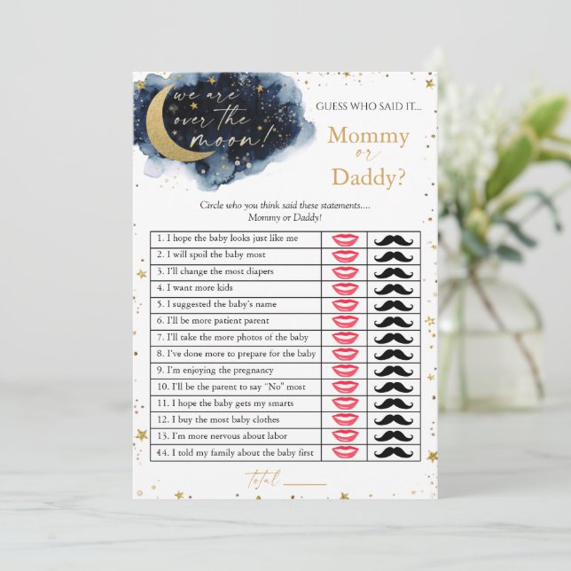 Over the Moon Baby Shower Mummy Or Daddy Game Card (Standing Front)