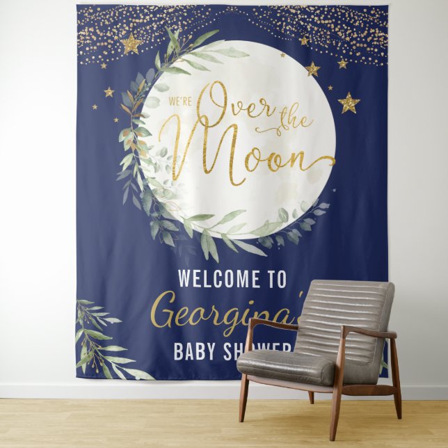 Over the Moon Baby Shower Navy Blue Gold Welcome Tapestry (In Situ)
