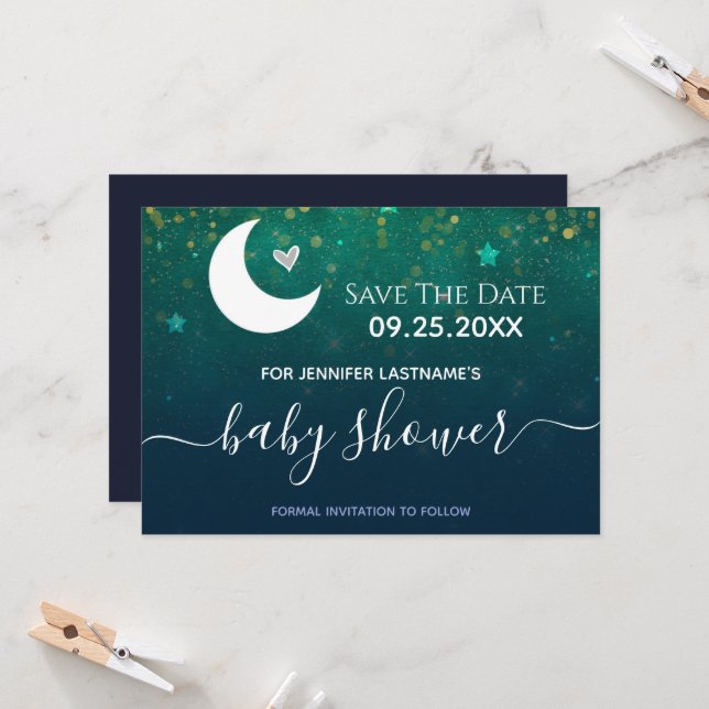 Over the Moon Baby Shower Save the Date Invitation (Front/Back In Situ)