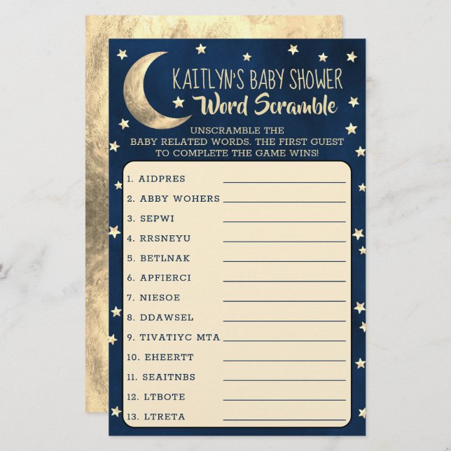Over The Moon | Baby Shower Word Scramble Game (Front/Back)