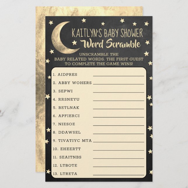 Over The Moon | Baby Shower Word Scramble Game (Front/Back)