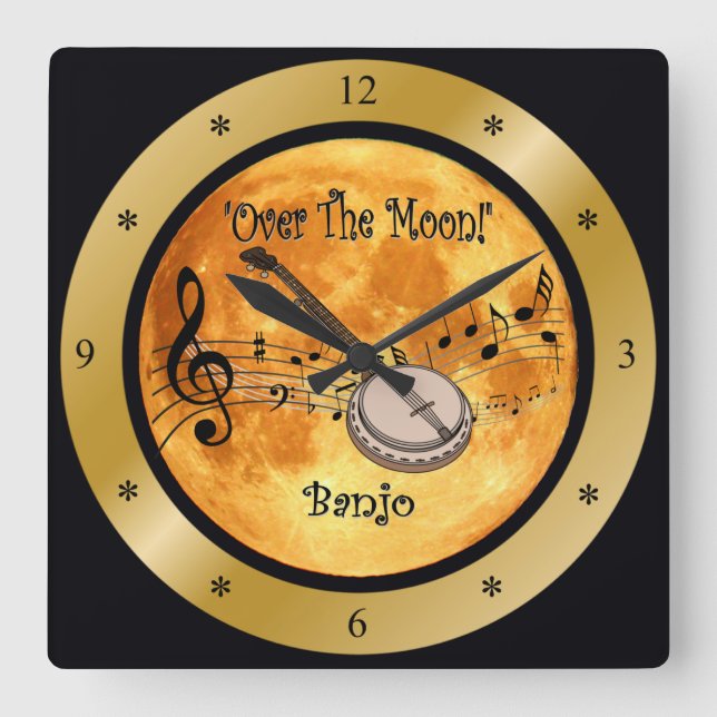 “Over The Moon”~ Banjo ~ Musical Scale ~ * ~ Square Wall Clock (Front)
