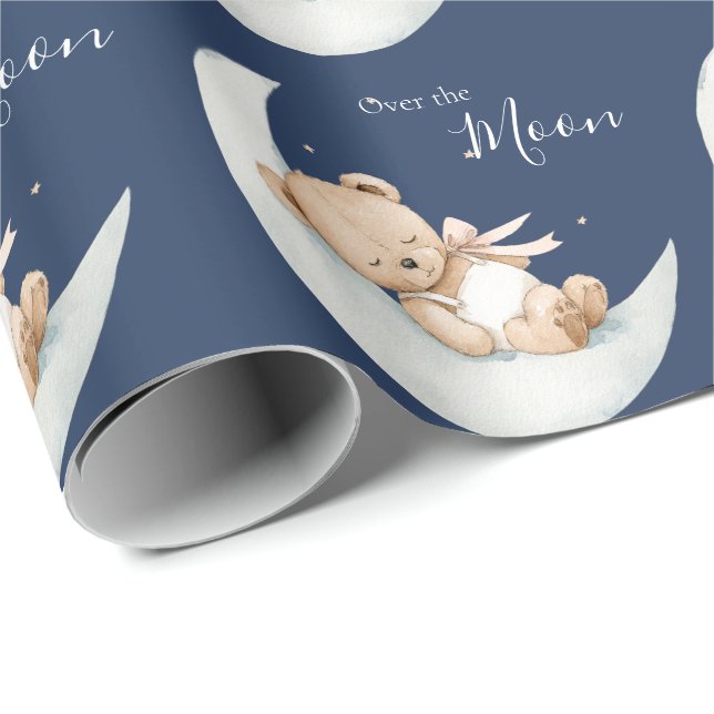 Over the Moon Bear Blue Baby Shower Wrapping Paper (Roll Corner)