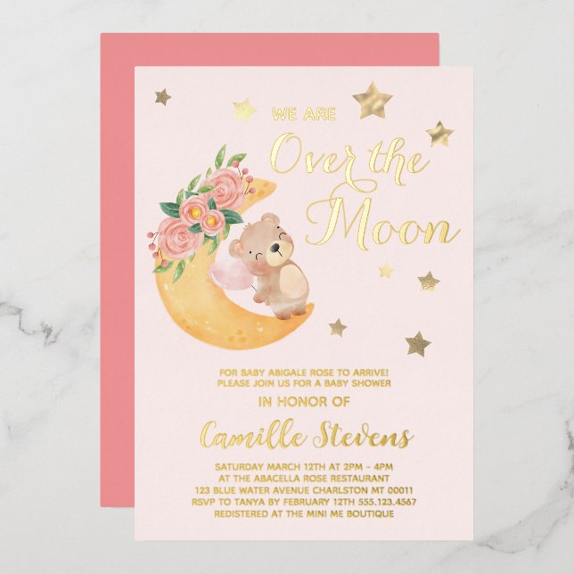 Over the Moon Bear Blush Baby Shower Girl (Front/Back)
