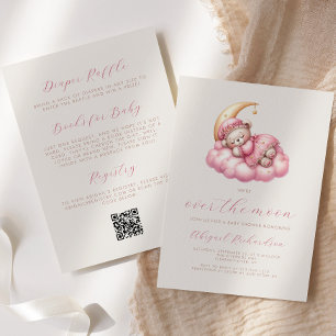 Over the Moon Bear Pink Girl QR Code Baby Shower Invitation