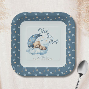 Over the Moon Bear Teddy Blue Baby Shower Paper Plate