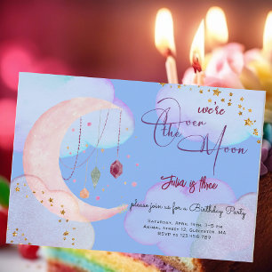 Over the moon beautiful pastel kids birthday invitation