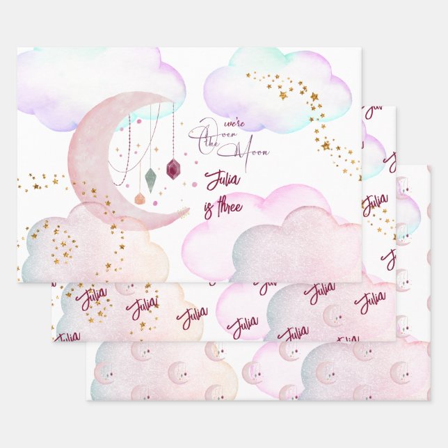 Over the moon beautiful pastel kids birthday wrapping paper sheet (Set)