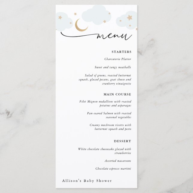 Over the Moon Blue and Gold Baby Shower Menu (Front)